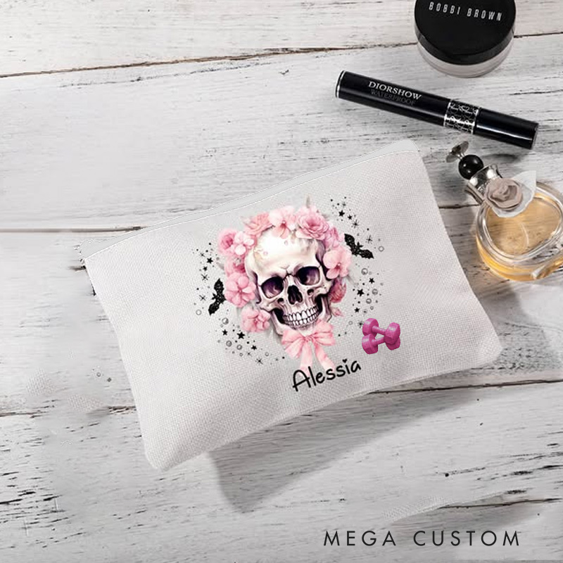 Personalized Gym Makeup Bag Pink Floral Skull Bats Makeup Bag with Name Halloween Gift for Women