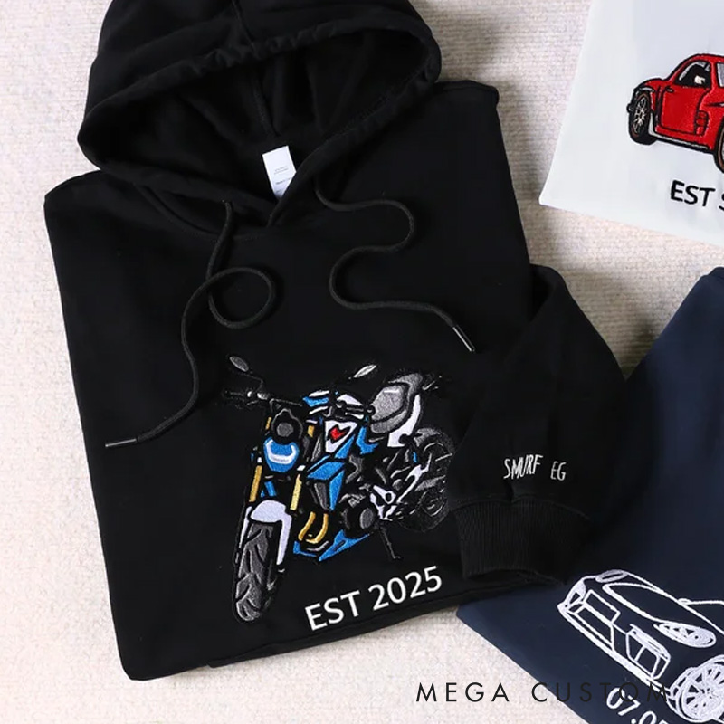 Personalized Iconic Car Motocycle Embroidered Photo T-shirt Sweatshirt Hoodie with Text Birthday Anniversary Gift for Car Owners