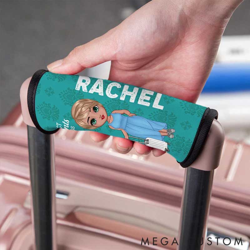 Personalized Travel Is My Therapy Cartoon Character Set of 2 Luggage Handle Wraps with Name and Contact Card Travel Accessories Gift for Travel Lovers