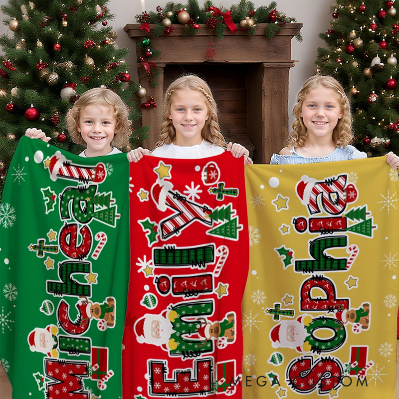 Personalized Cross Christmas Reindeer Santa Claus Christmas Name Soft Throw Blanket Home Decor Religious Christmas Party Gift for Kids Family Friends
