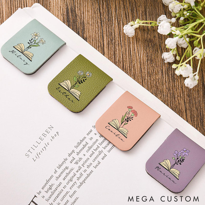 Personalized Name Bookmark with Birth Flower Custom Leather Birth Flower Bookmark Magnetic Bookmark Book Lover Gift Book Accessory
