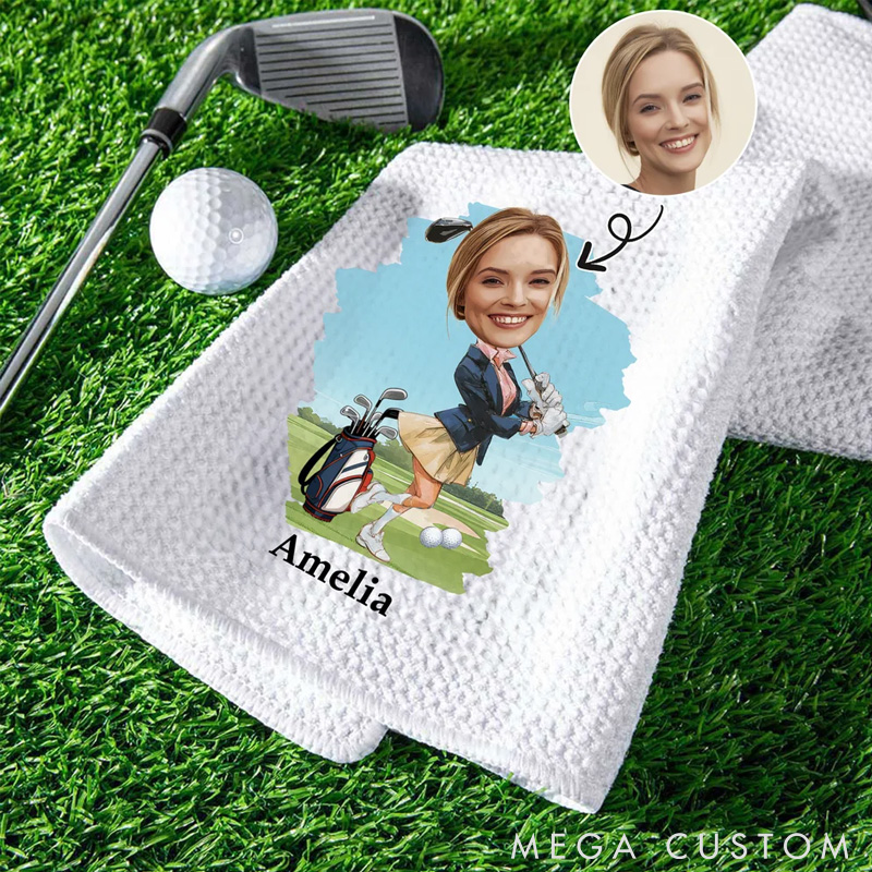 Personalized Head Photo Character Golf Towels with Name and Carabiner Clip for Game Day A Unique Gift for Golf Lovers