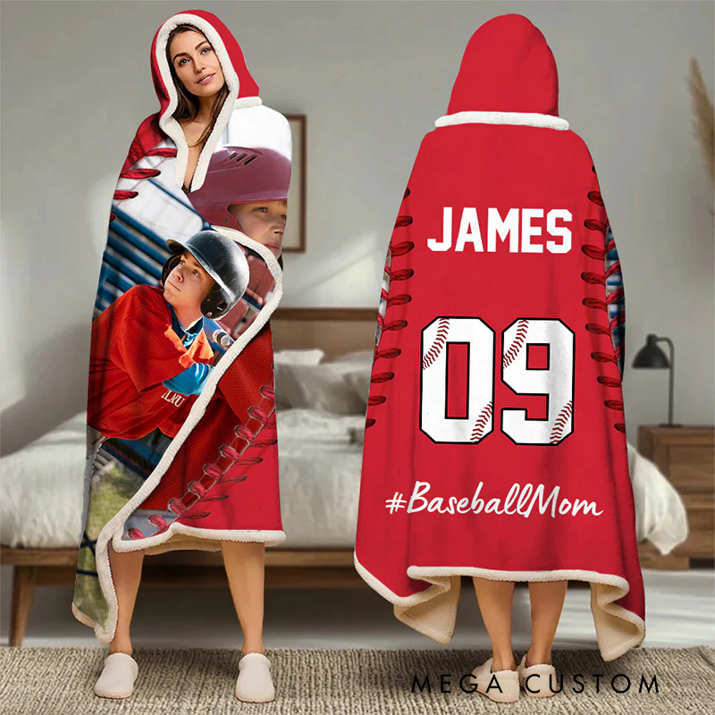 Personalized Photo Wearable Blanket Hoodie with Custom Name and Photo Baseball Mom