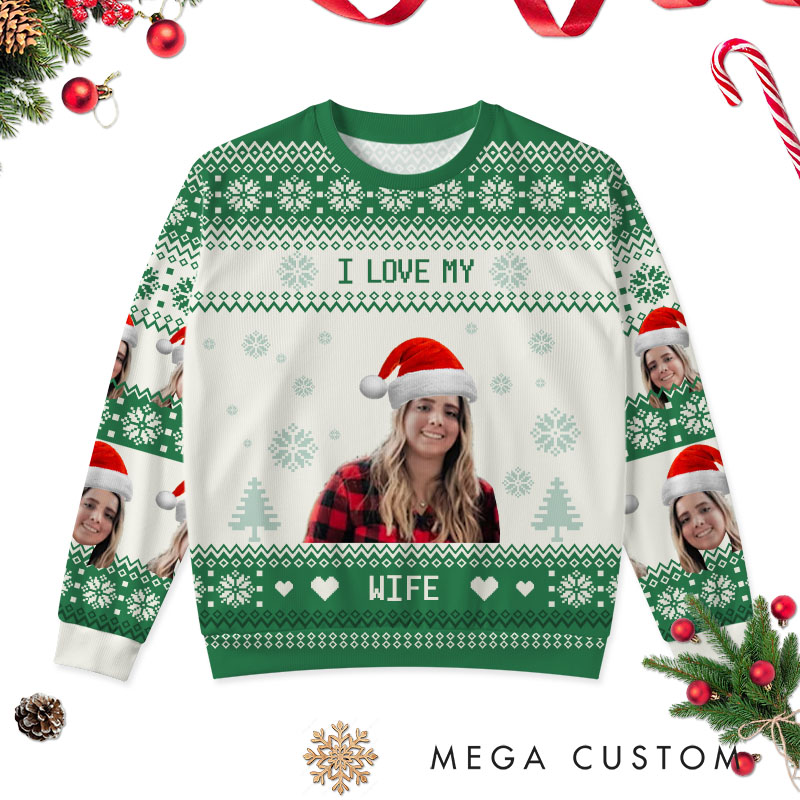 Personalized I Love My Wife Husband Christmas Sweaters Couple Photo Ugly Sweater Husband Wife Xmas Sweater with Photo