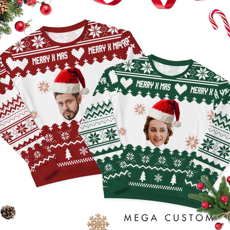 Personalized Merry X-Mas Couple Ugly Sweater with Santa Hat Husband Wife Christmas Sweater Couple Christmas Ugly Sweater with for Boyfriend Girlfriend