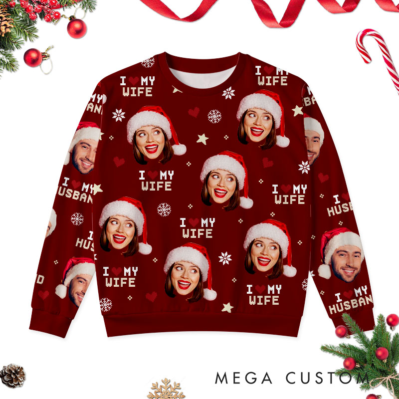 Personalized I Love My Wife Husband All-Over Ugly Sweater Couple Christmas Sweater Husband Wife Couple Edition Ugly Sweater Xmas Gift Sweater with Photo