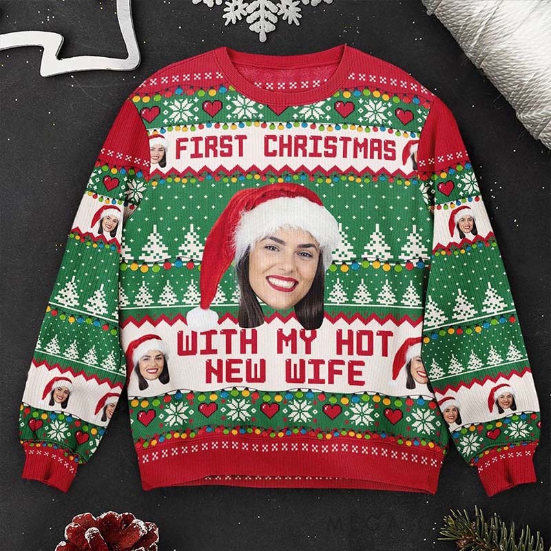 Personalized Couple Ugly Sweater First Christmas with My Hot New Wife Husband Couple Edition Christmas Sweater for Husband Wife