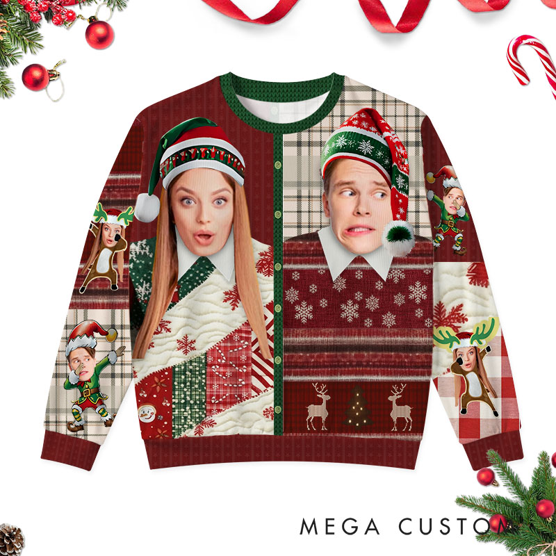 Personalized Hilarious Couple Photo Christmas Ugly Sweater Custom Couple Face Xmas Matching Crewneck Sweatshirt Christmas Gift for Husband Wife