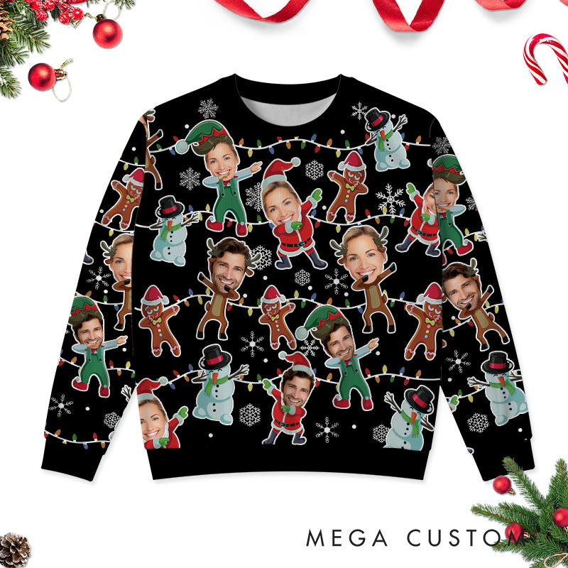 Personalized Funny Dabbing Couple Photo Christmas Ugly Sweater Custom Couple Face Xmas Matching Crewneck Sweatshirt Christmas Gift for Husband Wife