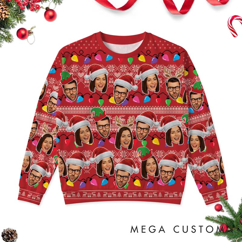 Personalized Couple Photo Patchwork Christmas Ugly Sweater Custom Couple Face Xmas Light Matching Crewneck Sweatshirt Christmas Gift for Husband Wife