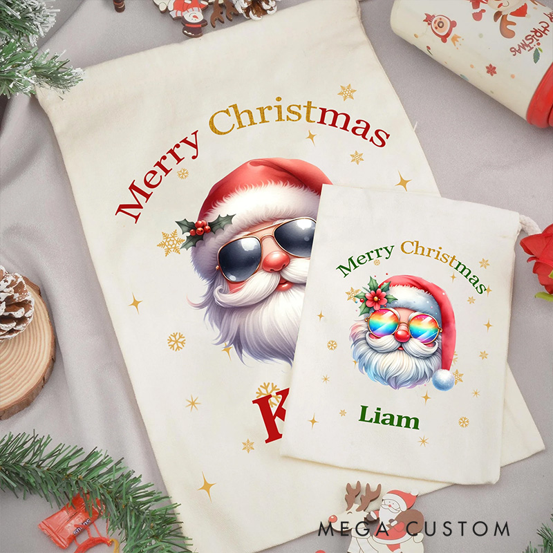 Personalized Merry Christmas Cute Cartoon Santa Claus Drawstring Canvas Christmas Gift Bag with Name Christmas Gift Religious Gift