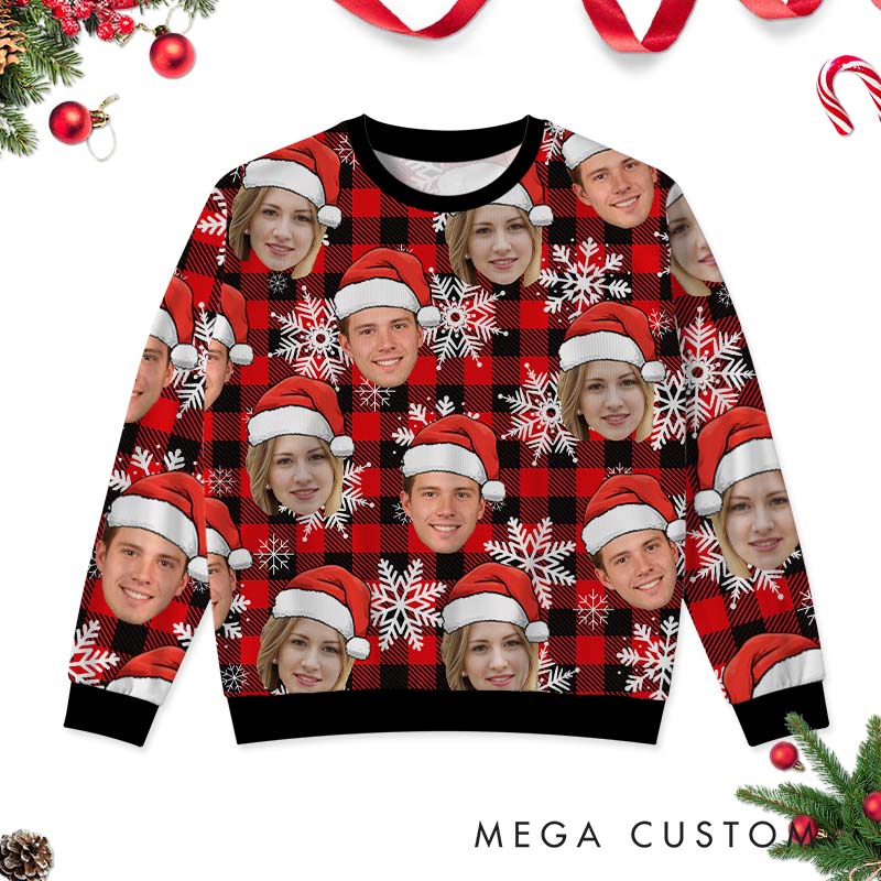 Personalized Funny Couple Red Plaid Christmas Ugly Sweater Custom Couple Face Photo Xmas Matching Crewneck Sweatshirt Christmas Gift for Husband Wife