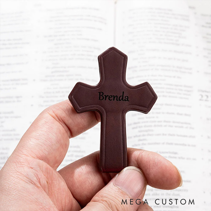 Personalized Engraved Name Cross PU Leather Magnetic Bookmark Clip Reading Accessory Religious Baptism Gift for Book Lover Christian