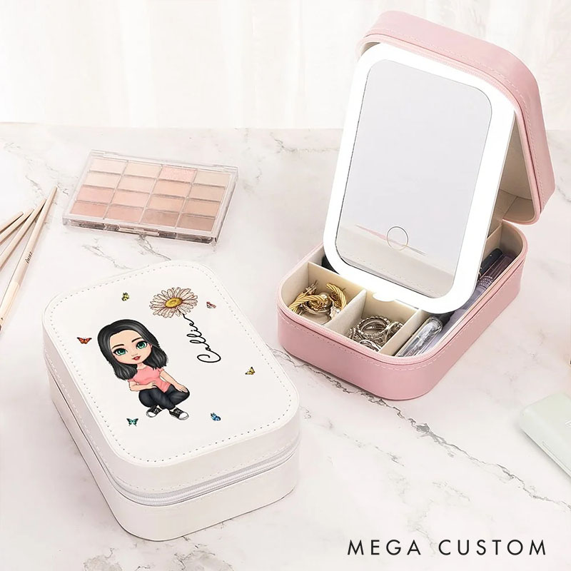 Personalized Cartoon Character Birth Flower Leather Jewelry Box with LED Three-color Makeup Mirror Travel Essential Birthday Gift for Women
