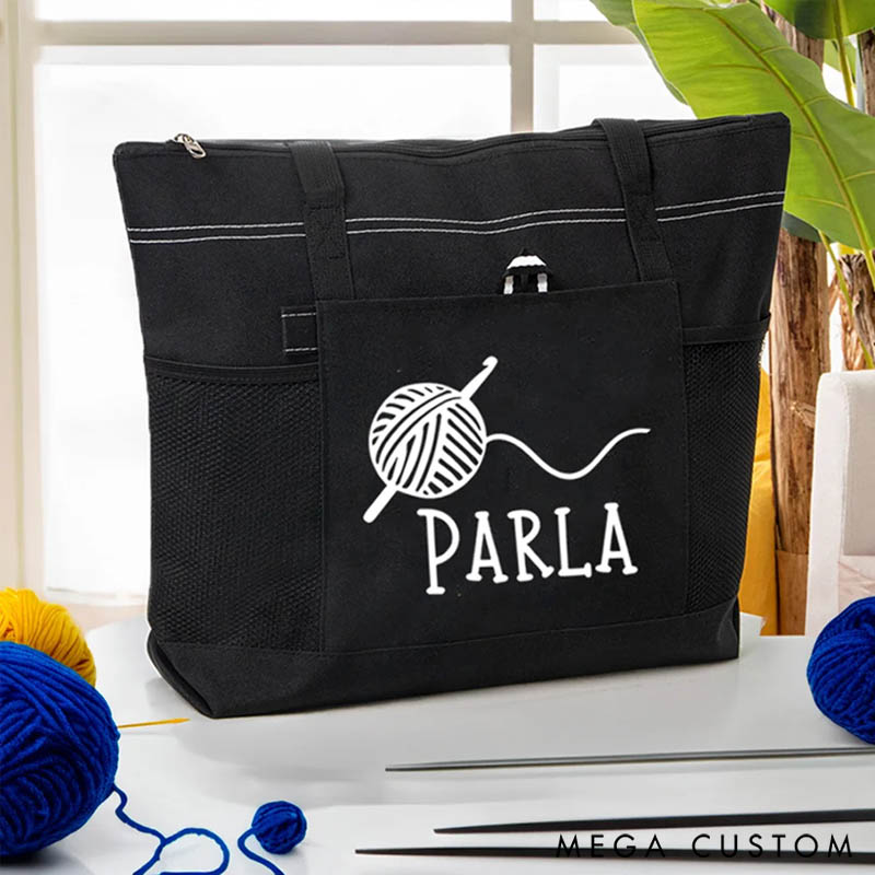 Personalized Knitted Design Large Mesh Tote Bag with Name Birthday Gift for Sewing Crocheting Lovers