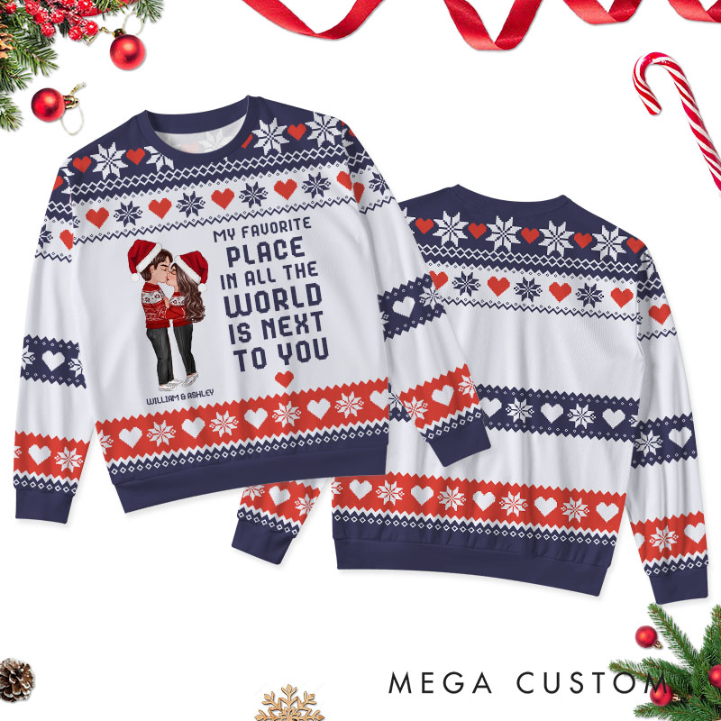 Personalized Christmas Hugging Kissing Couple Ugly Sweater Faux Knitting Ugly Sweater Xmas Gift for Him Her Couple Christmas Ugly Sweater