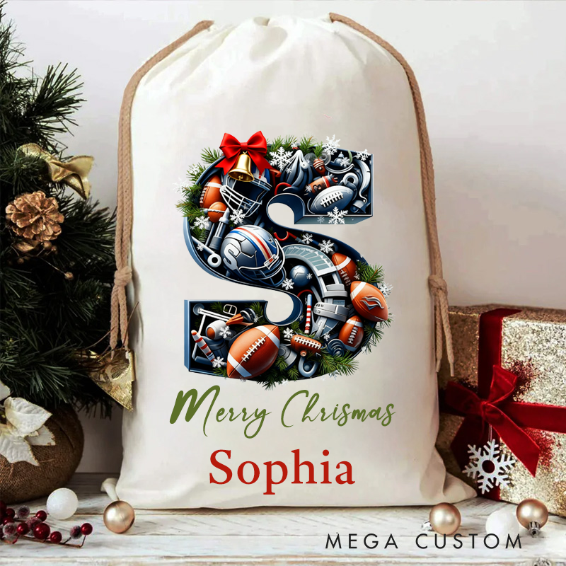 Personalized Christmas American Football Gift Bag with Custom Initial and Name Design