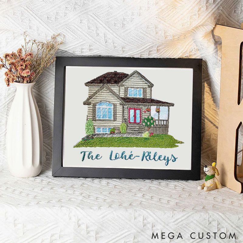 Personalized Embroidered House Photo Frame with Family Name Home Decor Wedding Housewarming Christmas Gift for Family Friends