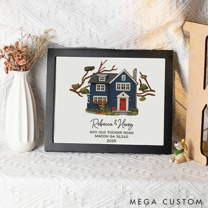 Personalized Embroidered House Photo Frame with Name Address Home Decor Custom Housewarming Gift from Photo New Home Wedding Christmas Gift for Family