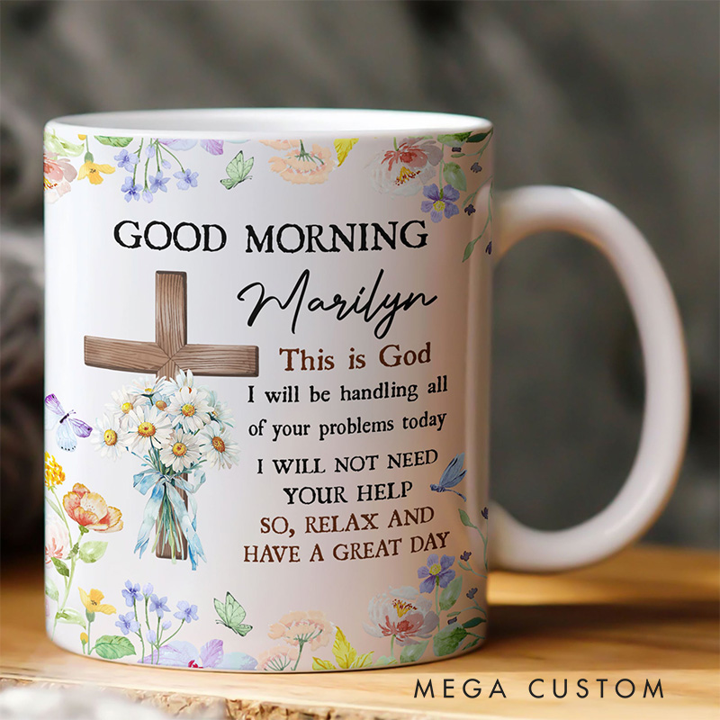 Personalized Good Morning this is God Birth Flower Ceramic Mug with Name Religious Gift for Christians