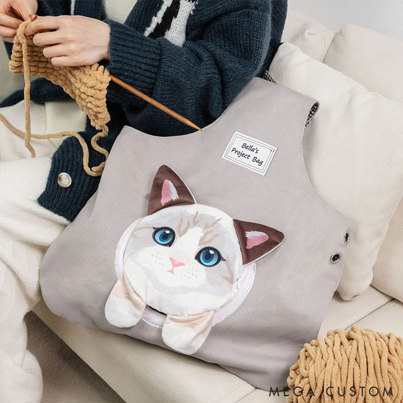 Personalized Canvas Crochet Woolen Organizer Storage Bag with Detachable Cute Cat Pocket Gift for Knitting Lover
