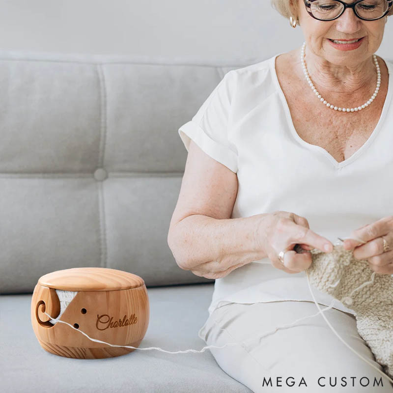 Personalized Handmade Wooden Crochet Knitting Yarn Bowl with Lid and Engraved Name Gift for Mom Grandma Craft Lovers