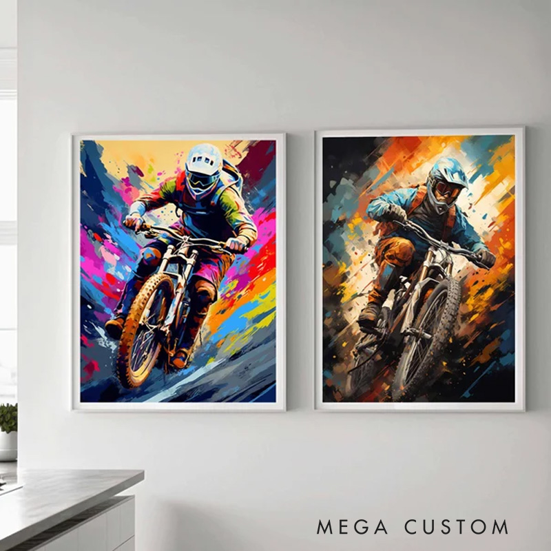 Personalized Photo Mountain Bike Pop Art Prints Cycling Poster MTB Bike Wall Art Sports Printable Bicycle Downhill Sport Boys Room Art Decor