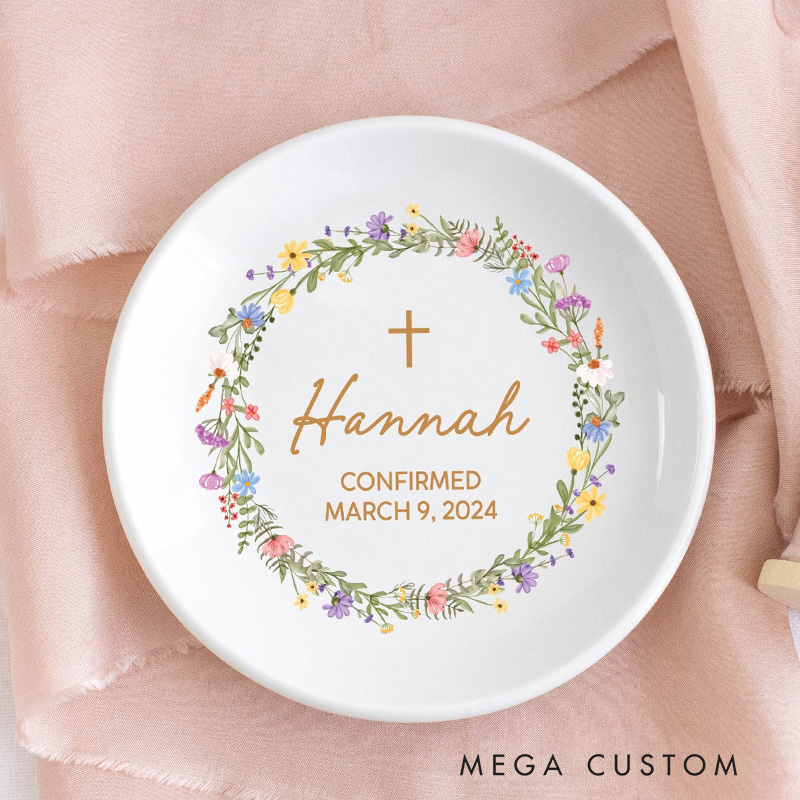 Personalized Floral Wreath Ring Dish Jewelry Tray with Name and Text Confirmation Gift Religious Gift for Christians 