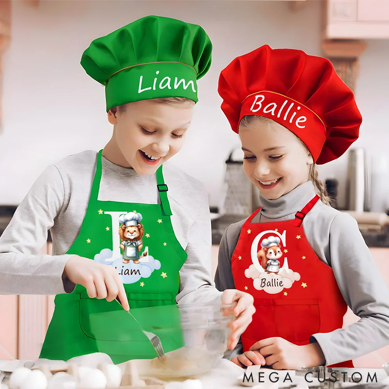 Personalized Cute Forest Animal Panda Elephant Adjustable Kid Apron Chef Hat Set with Name and Initial Handcraft Activities Birthday Gift for Kids