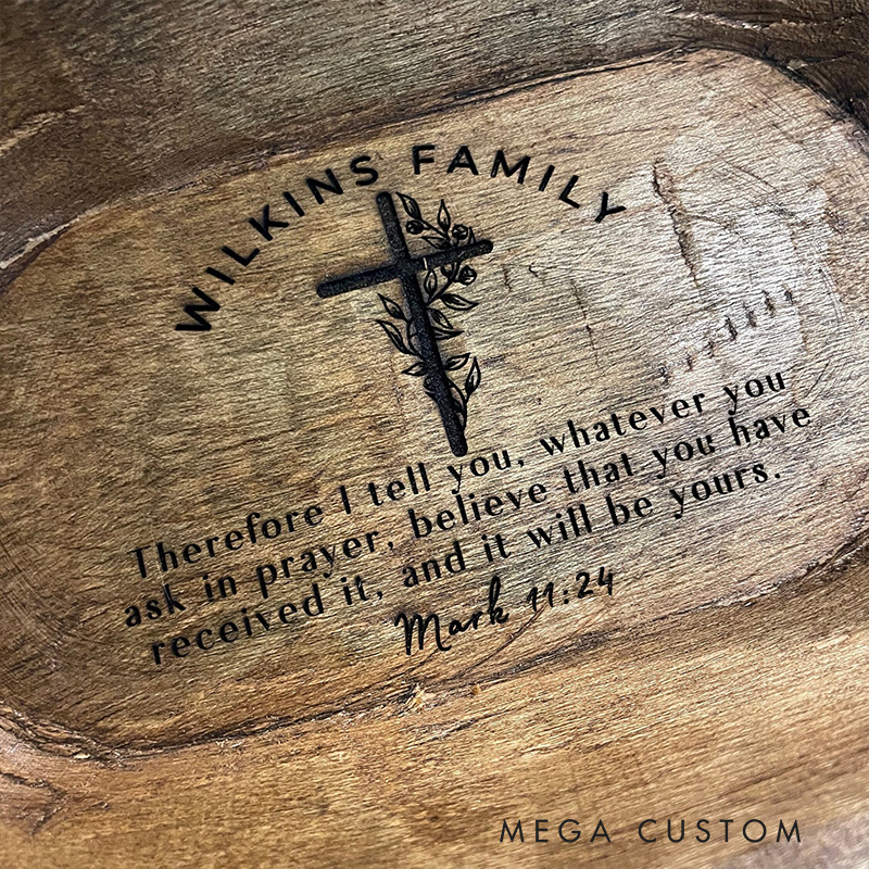 Personalized Bible Verse Cross Prayer Bowl Dough Bowl with Engraved Family Name Home Decor Religious Gift for Christians
