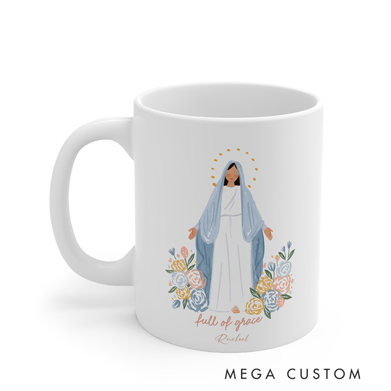 Personalized Full of Grace Virgin Mary Ceramic Mug with Floral Accents Catholic Religious Gift Birthday Gift for Women and Girls 