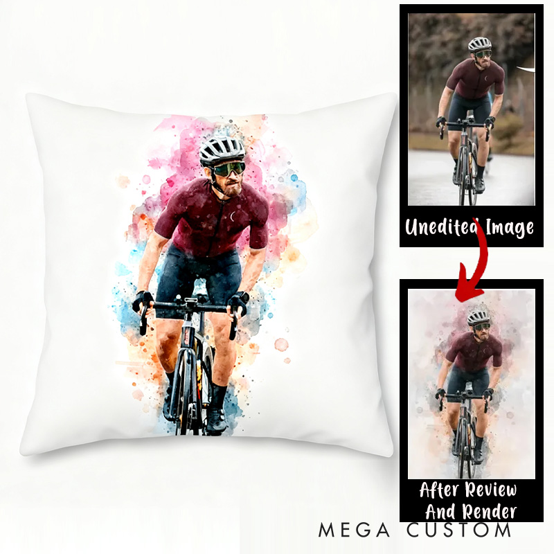 Personalized Photo Pillow for Cycling Lovers Bicycle Cartoon Watercolour Cyclist Gift Idea Cycling Present Housewarming First Home Gift  Custom Throw Pillow