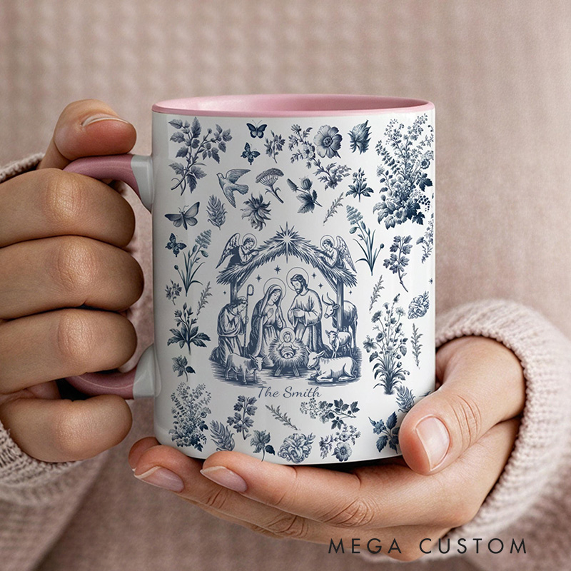 Personalized Nativity Scene Toile Ceramic Mug with Name Religious Inspirational Gift Christmas Gift for Christians