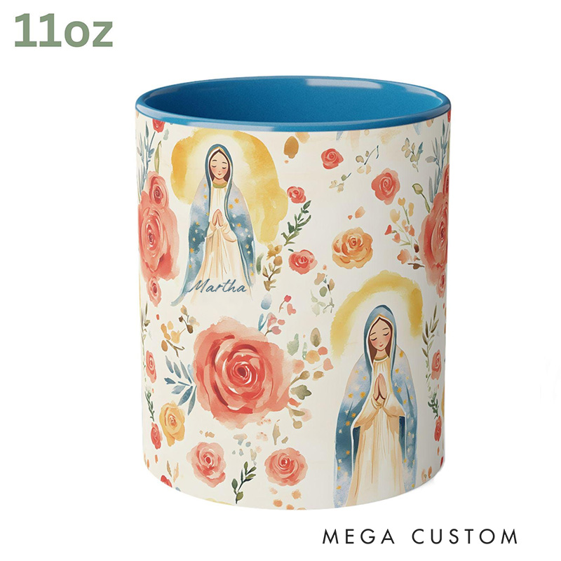 Personalized Rose Virgin Mary Ceramic Mug with Name Religious Inspirational Gift Catholic Gift for Christians