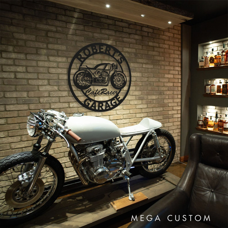 Personalized Cafe Racer Garage Metal Sign Custom Round Motorcycle Wall Art with Name Biker Workshop Decor Gift for Motorcycle Racer and Motorbike Lovers