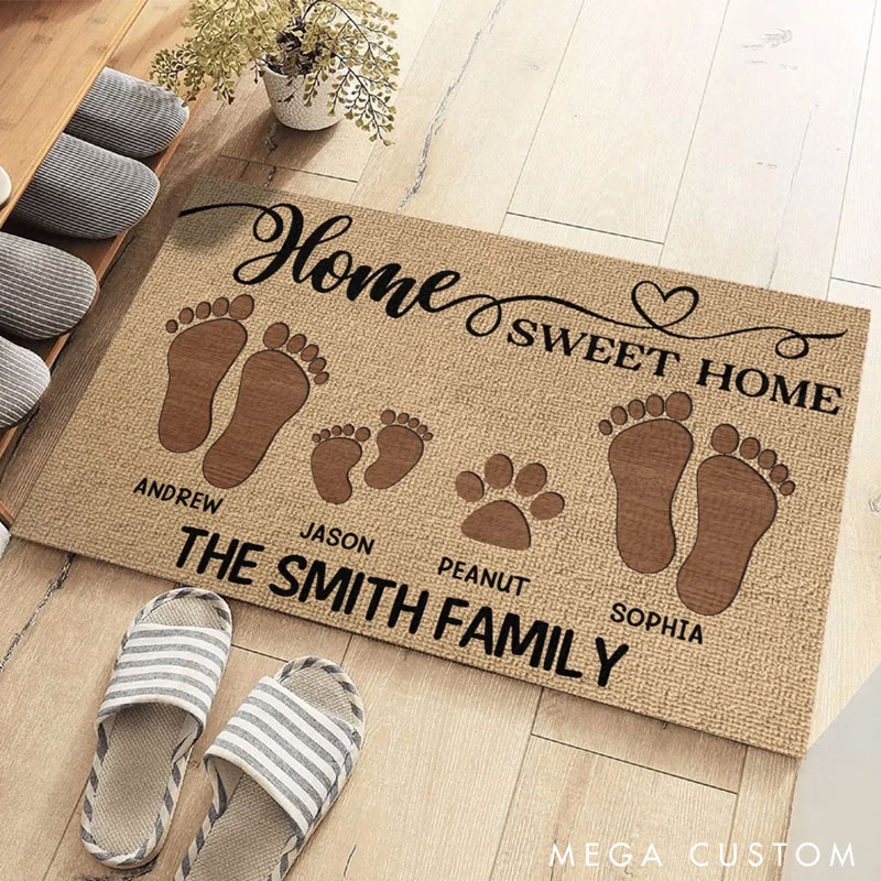 Personalized Home Sweet Home Doormat Custom Family Footprint Welcome Mat Perfect Housewarming Gift Durable Entryway Rug for New Home Indoor Outdoor Decor