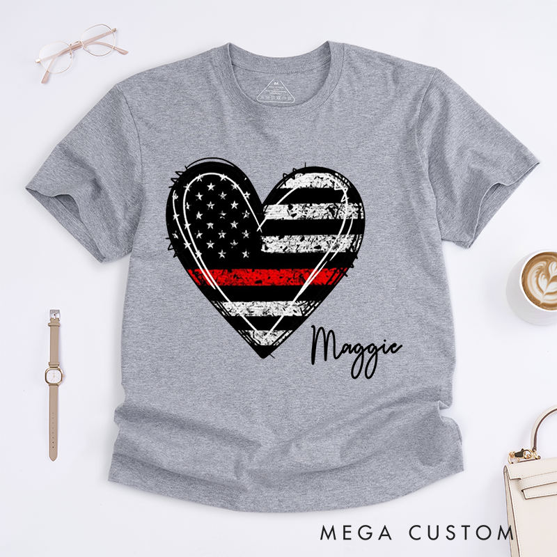 Personalized Firefighter Thin Red Line Heart Design Gift for Female Firefighter Fireman Wife Girlfriend T-Shirt