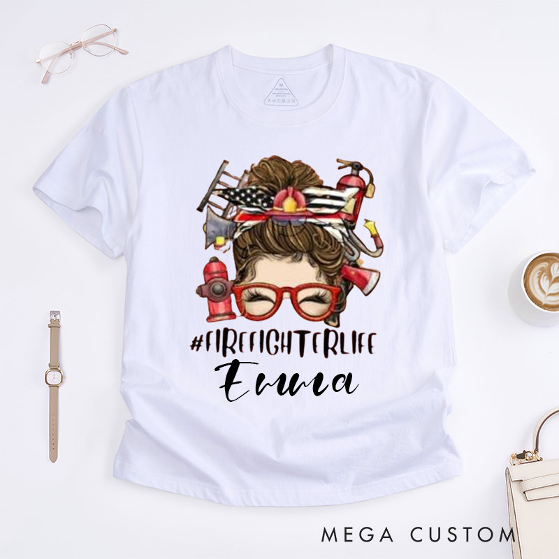 Personalized Firefighter FirefighterLife Trendy Bun Design Gift for Women for Female Firefighter Fireman Wife Girlfriend T-Shirt
