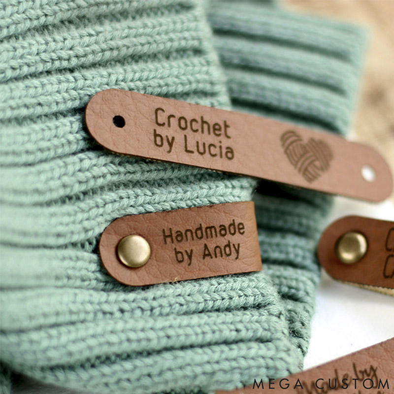 Personalized Set of 10 Faux Leather Labels for Knitted Handmade or Crochet with Custom Name and Snaps Gift for Knitting Crocheting Lovers