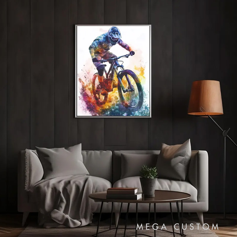 Personalized Photo Colorful Mountain Bike Wall Art Cycling Portrait Painting Cyclist Gift Idea Cycling Present