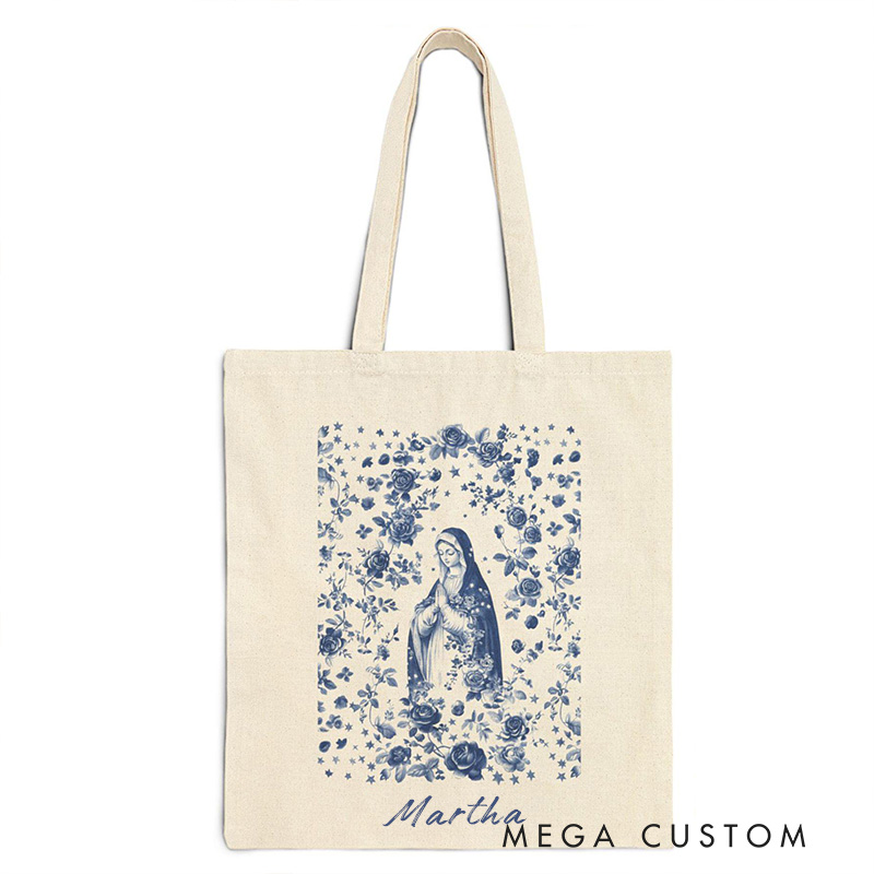 Personalized Virgin Mary Canvas Tote Bag with Name Birthday Gift Religious Gift Catholic Gift for Women