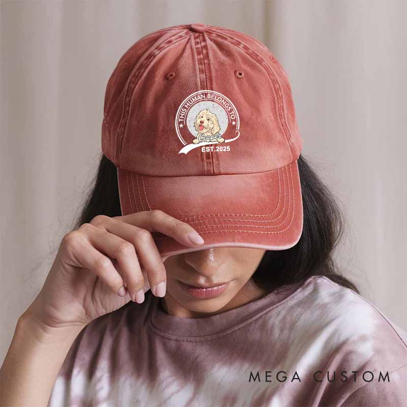 Personalized Dog Lover This Human Belongs to Me Washed Cap