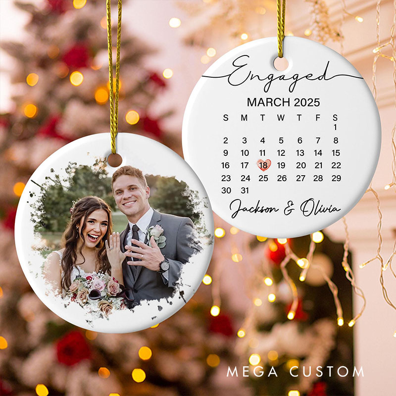 Personalized Couple Engaged Calendar Date Ceramic Ornament with Name Wedding Married Photo Ornament Our First Christmas Ornament Engagement Gift