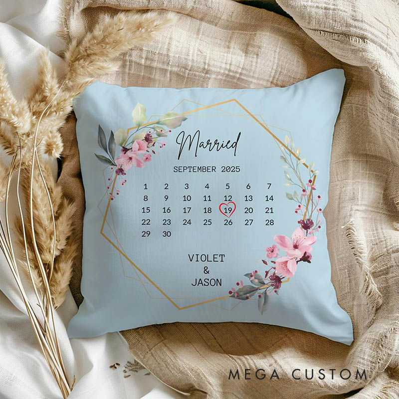 Personalized Couple Floral Married Calendar Pillow with Name Custom Newlyweds Wedding Date Pillow Engagement Pillow for Husband Wife Anniversary Gift