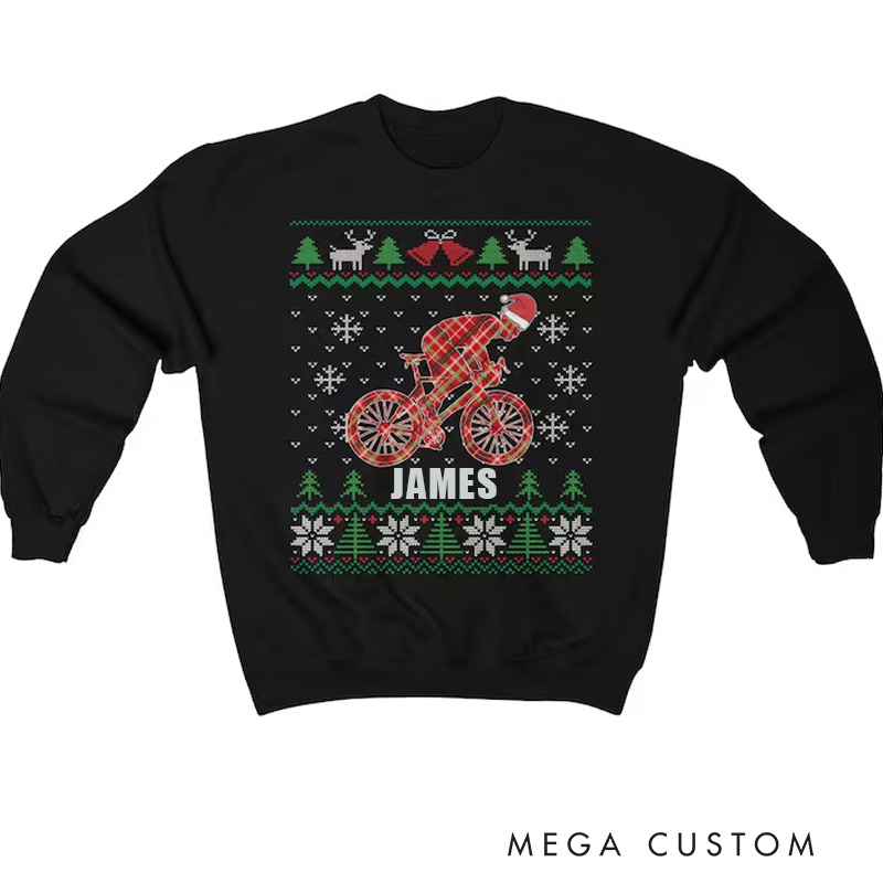 Personalized Cycling Christmas Sweatshirt Funny Bike Cyclist Gift Ugly Christmas Sweater Holiday Party Shirt Xmas Unisex Heavy Blend Sweatshirt