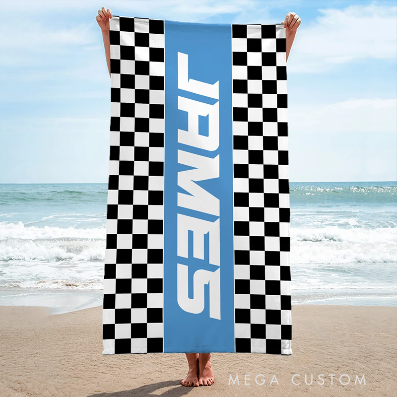 Personalized Checkered Racing Flag Beach Towel with Name Custom Oversized Towel Gift for Racers and Racing Lovers