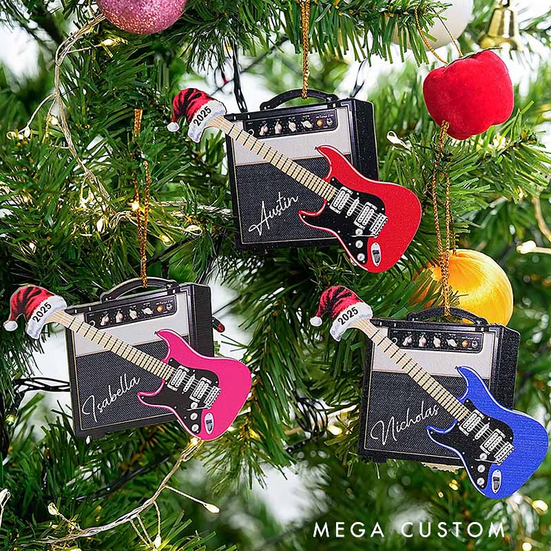 Personalized 3D Effect Retro Guitar Amp Santa Hat Ornament with Name and Year Holiday Decor Christmas Gift for Guitarists Guitar Lovers
