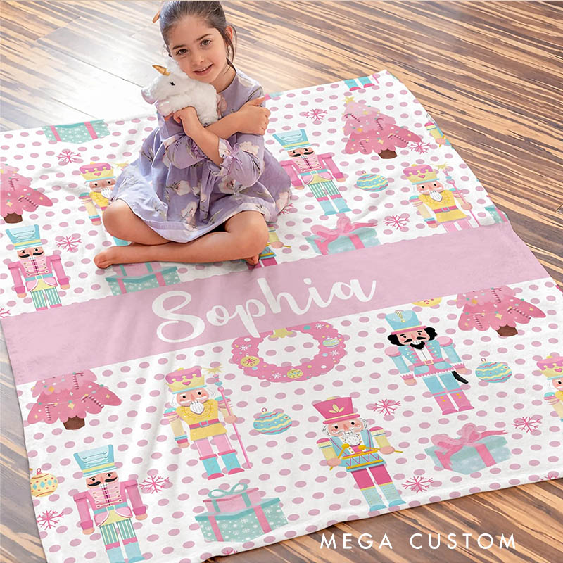 Personalized Cute Christmas Nutcracker Soft Throw Blanket with Name Home Decor Birthday Christmas Gift for Kid Girl