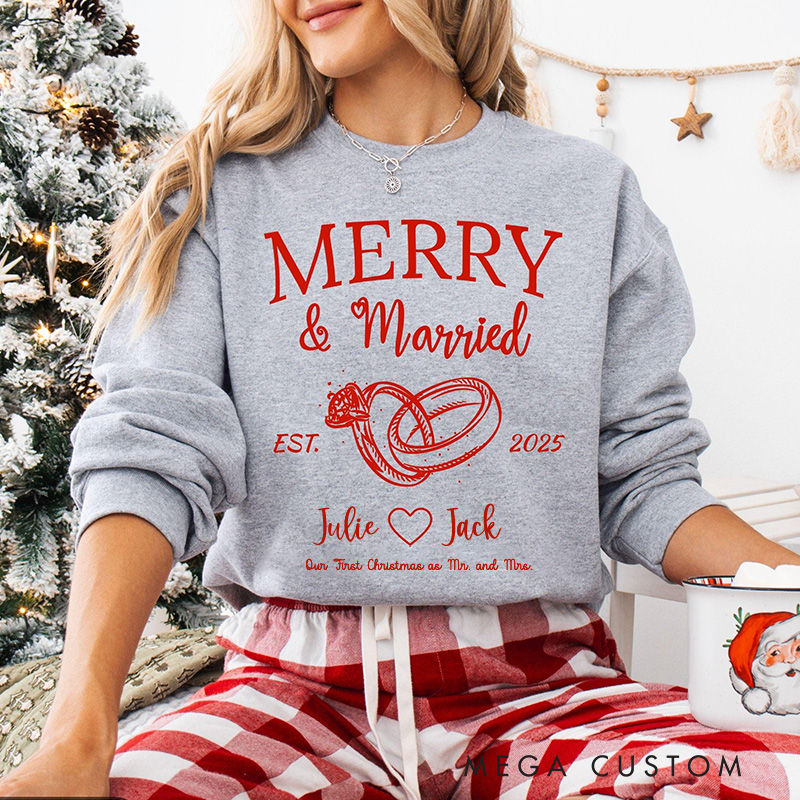 Personalized Merry and Married Sweatshirts for Newlywed Couple First Christmas Sweatshirt