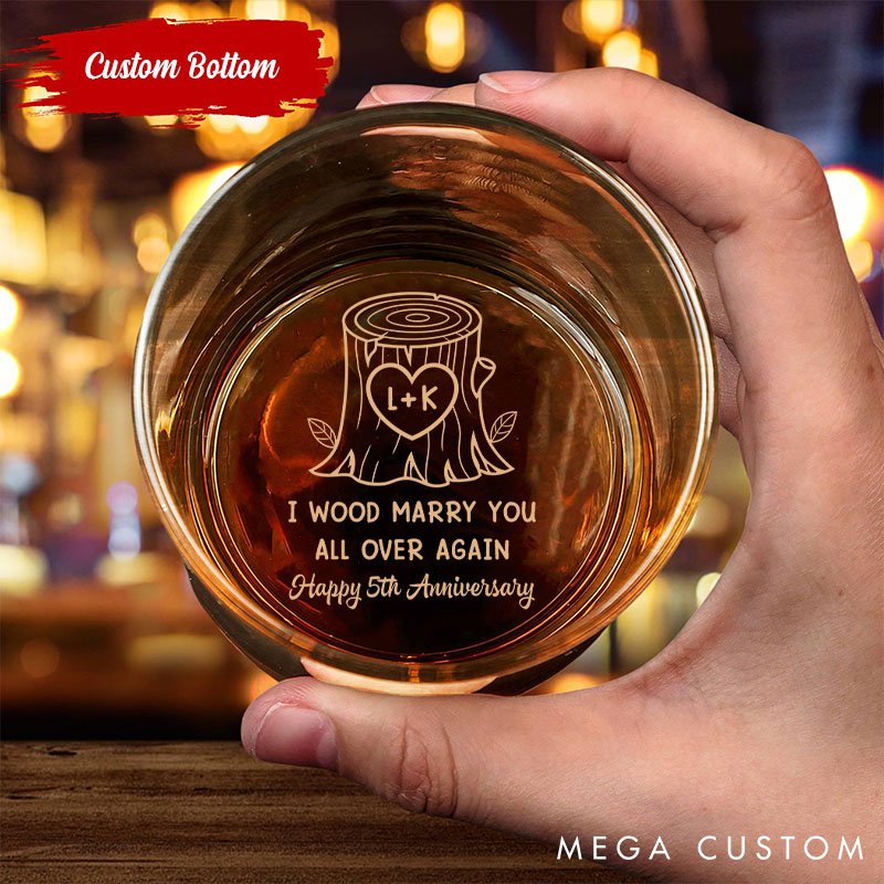 Personalized 5th Anniversary Whiskey Glass "I Wood Marry You All Over Again" 5th Anniversary Gift Glass Couple Anniversary Gift